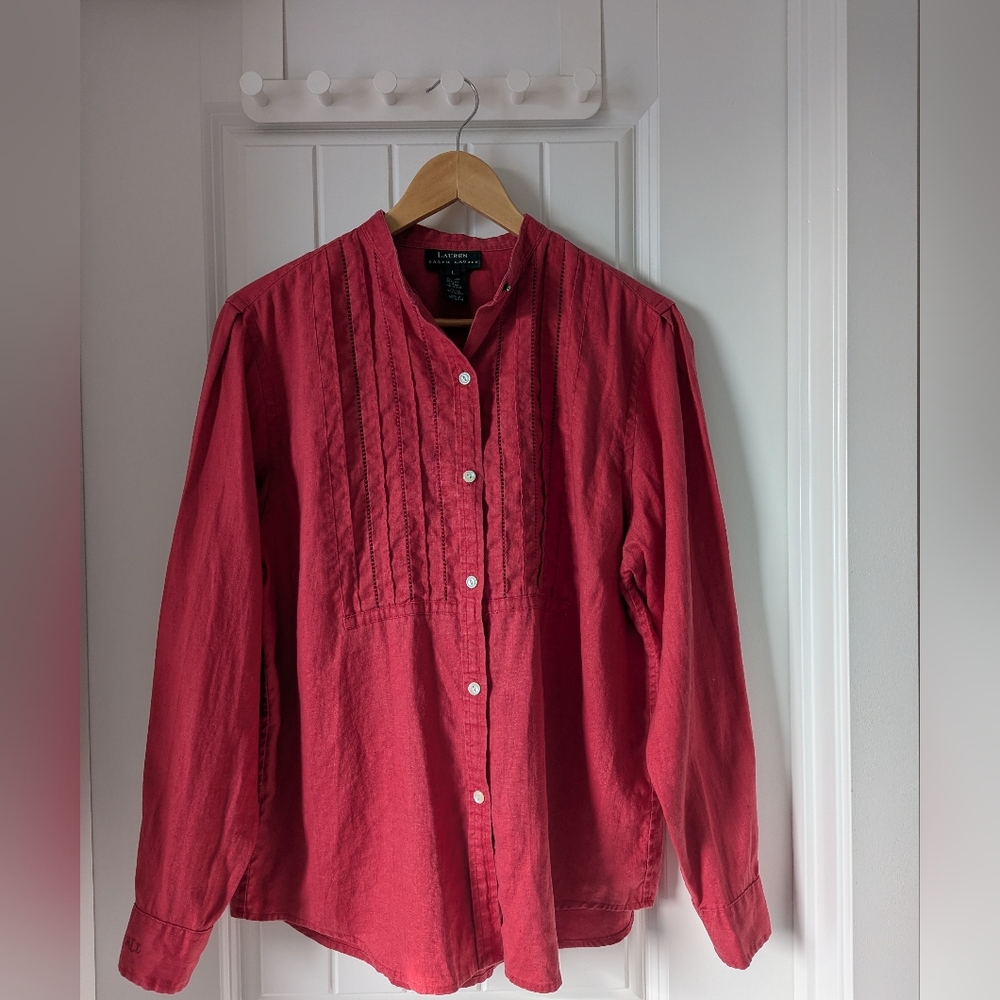 Ralph Lauren Red Linen Button-Front Pintuck Blouse Size Large - Picture 8 of 9